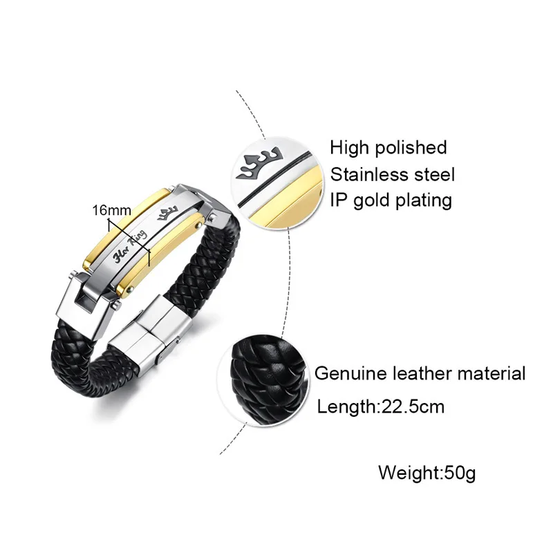 Влюбленные плетеный браслет для пары, кожаный браслет для мужчин и женщин, черный цвет, нержавеющая сталь, король, королева для нее, ювелирное изделие