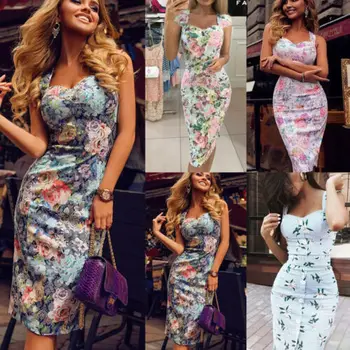

Formal Women Bodycon Floral Striped Dress Sleeveless Strap Button Sundress Summer Lady Sheath Women Pencil Dress