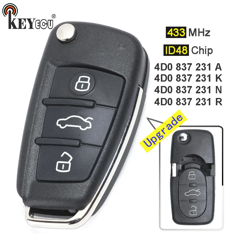 KEYECU 433 МГц ID48 P/N: 4D0 837 231 A/K/N/R флип 3 кнопки дистанционный ключ-брелок от машины для Audi A3 A4 A6 A8 B5 RS4 RS6 TT Quattro