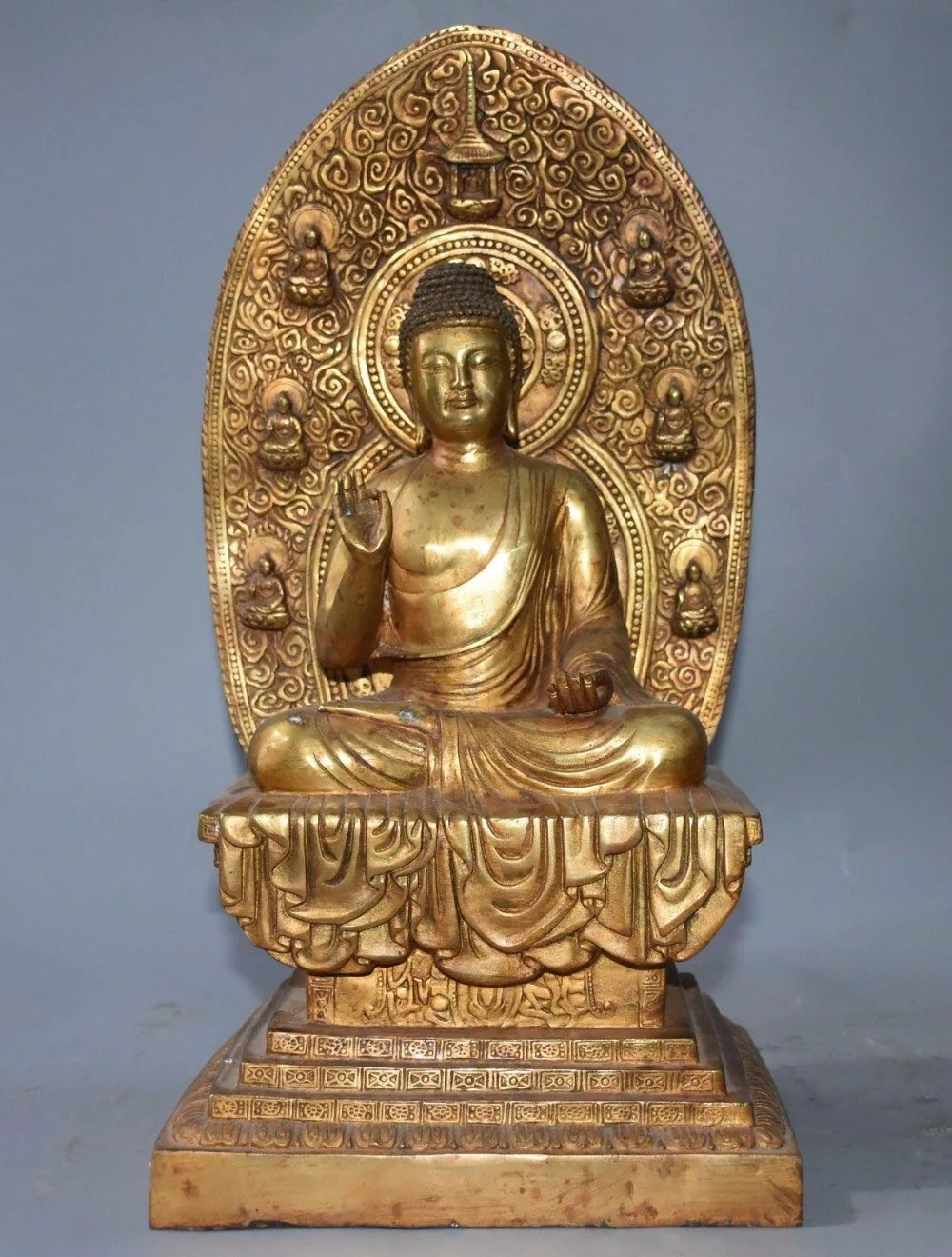 

16" Tibet Buddhism Bronze Gilt Sakyamuni Shakyamuni Amoghasiddhi Buddha Statue