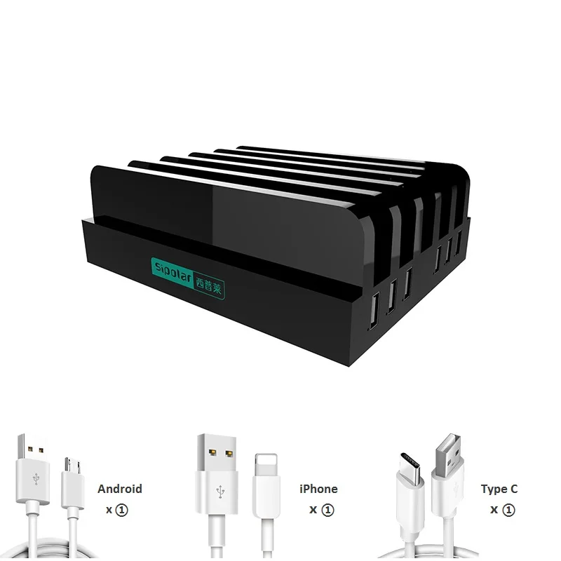 Sipolar usb зарядная док-станция, 6 портов, зарядная подставка 2.5A для мобильных телефонов типа C Android, планшетов, iphone hold, 5 шт., телефон - Цвет: Black And 3PCS Cable