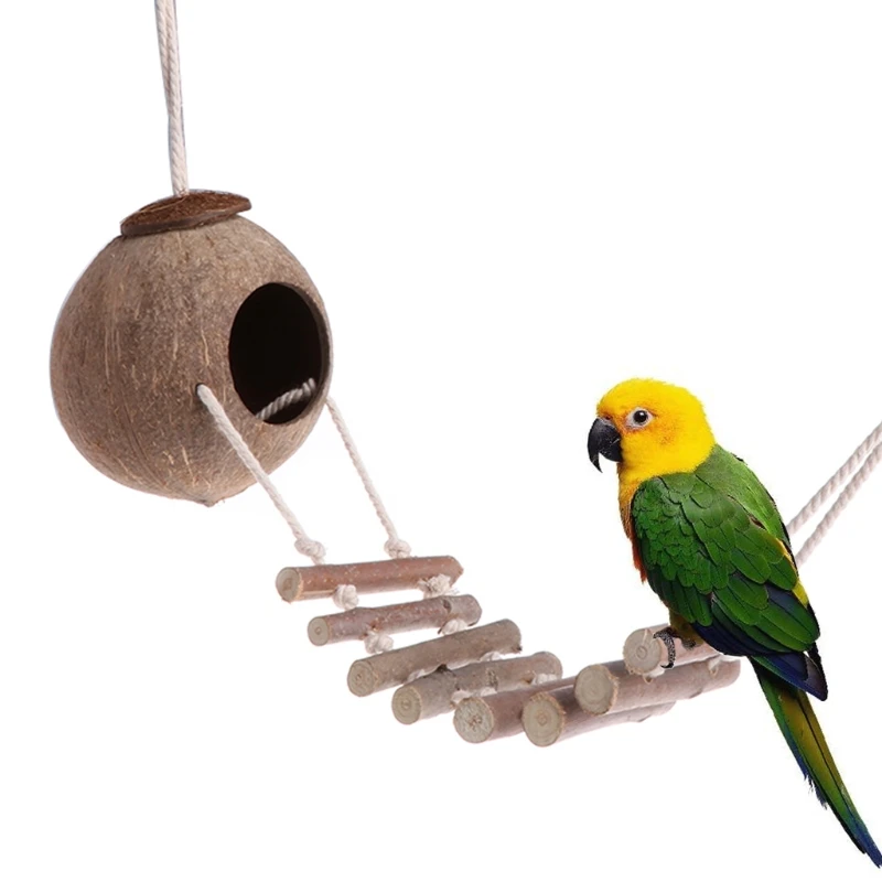 Bird Parrot Toy Nest Hut Cage Natural Coco Hideaway with Ladderin Bird