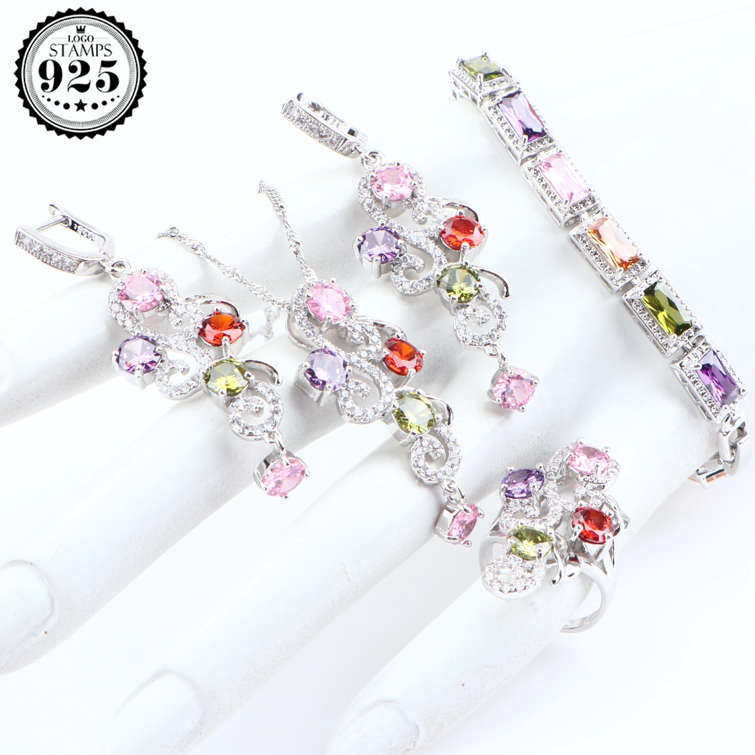Разноцветные циркониевые серебряные 925 Свадебные Ювелирные наборы для женщин Свадебные серьги браслет кольцо ожерелье кулон набор подарочная коробка