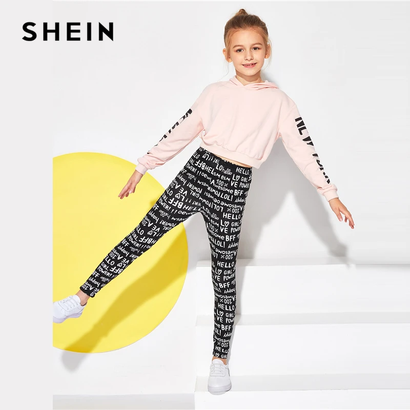 SHEIN Kids/повседневные штаны для девочек с эластичной резинкой на талии и буквенным принтом; детская одежда; коллекция года; сезон весна; уличная одежда; обтягивающие брюки; повседневные Леггинсы