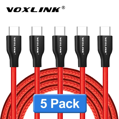 VOXLINK, 5 шт в упаковке USB кабель с нейлоновой оплеткой USB кабель Type C кабель для быстрой зарядки для samsung Galaxy для htc 10 MacBook Xiaomi Mi8 A1 зарядный шнур - Цвет: Red-5Pack