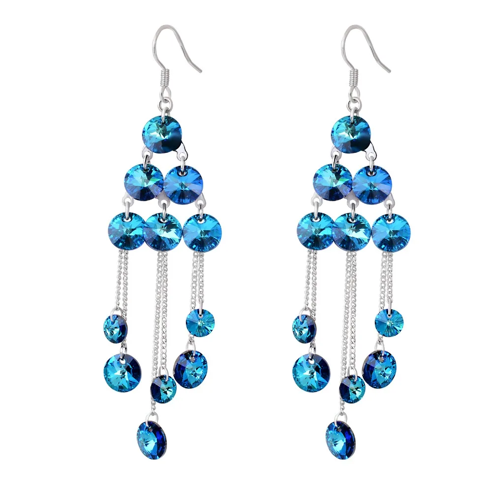 Fashion Jewelry Swarovski Element Crystal Earring Blue Crystal Dangle Long Tassel Earring For