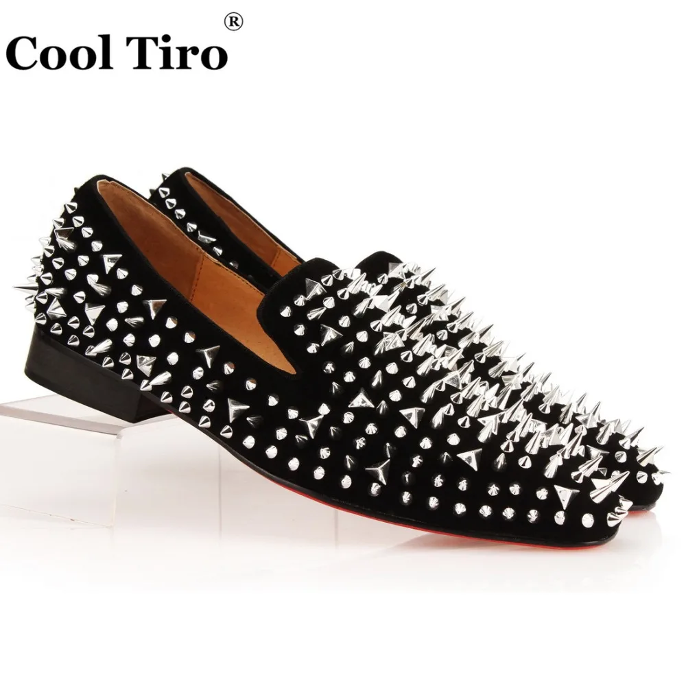 

COOL TIRO Silver Spikes Loafers Men Smoking Slipper Shoes Banquet Wedding Flats Genuine Leather Black Suede Dress Shoes us13