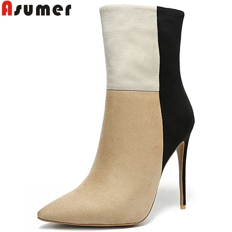

ASUMER big size 34-45 fashion autumn winter boots pointed toe zip flock super high heels shoes mixed colors ankle boots women