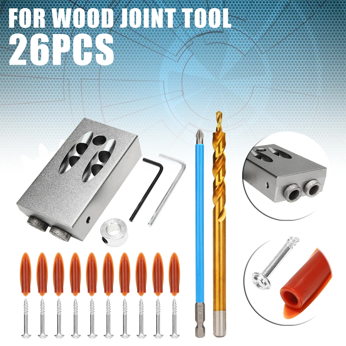 

26Pcs Aluminum Pocket Hole Jig Kit with Dowel Drill Set Carpenters Wood Joint Tool For Carpentry Woodworking Tool