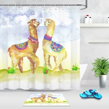 

LB Two Cartoon Funny Cute Alpacas Shower Curtain with Mat Set Mildew Resistant Waterproof Bathroom Fabric For Kids Bathtub Decor