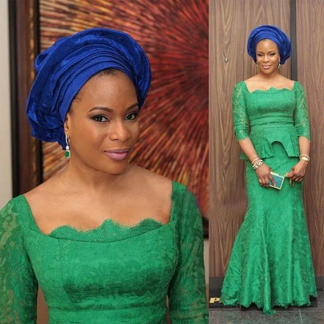 

2016 Square Collar Neck Green Lace African Mermaid Long Evening dresses Plus Size Half Sleeve Prom Dress Robe de soiree longue