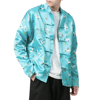 

Chinese Style Men Clothing Crane Crane Coat Trend Stand Collar Jacket Loose Large Size M-4XL Retro Tang Suit Buckle Coat