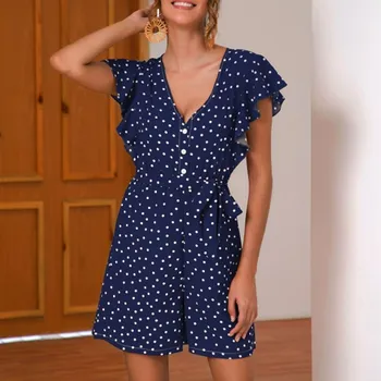 

Women Casual Polka Dot Romper Loose V Neck Wide Leg Playsuit Holiday High Street Ruffle Overalls