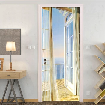 

2 Pieces Creative 3D Door Wall Stickers Modern Balcony Space Expansion Photo Wallpaper Living Room Dining Room PVC Sticker Decor