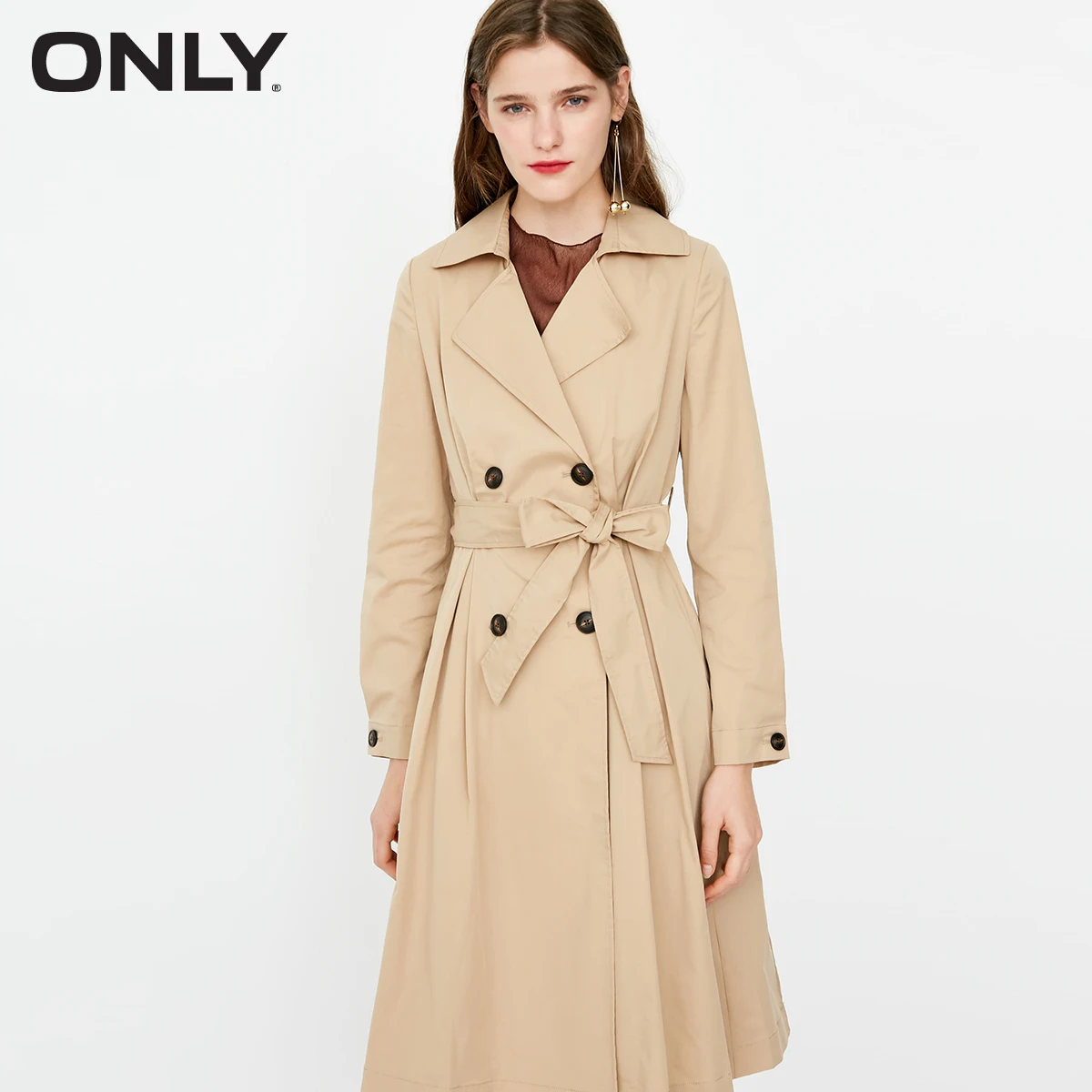 

ONLY Spring Summer New Women's Lapel Khaki Medium Length Wind Coat |118336551