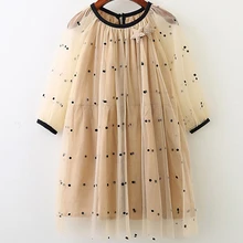 Платье для девочек г. Новая летняя детская одежда бежевое Сетчатое платье в горошек для девочек детская одежда 2-6Y Детские платья для девочек