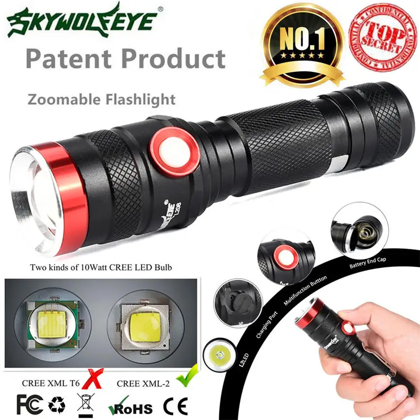 

Skywolfeye Zoomable Shadowhawk XM-L L2 LED Tactical Flashlight LED Military Torch USB Charging 12.4*3.2cm Dropshipping #1101
