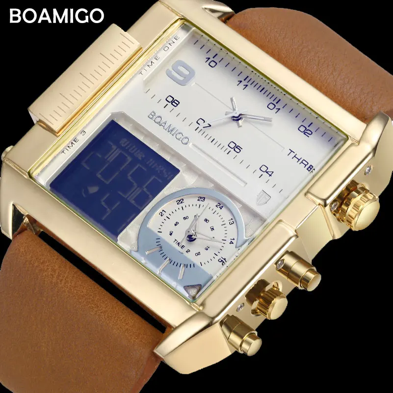 Baratos BOAMIGO marca de lujo superior Me relojes deportivos Hombre militar cronógrafo reloj digital cuero cuarzo relojes de pulsera reloj Masculino