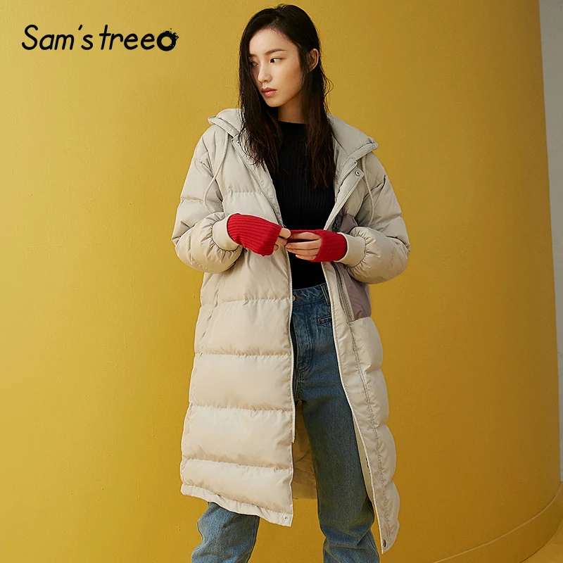 

Samstree Solid Contrast Color Patchwork Warmness White Duck Down Coat Women 2019 Winter Hooded Drawstring Female Casual Jacket