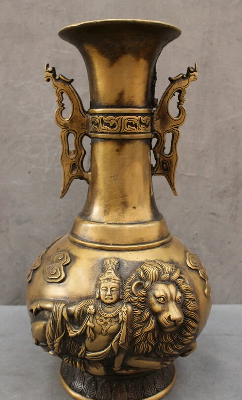 

Collectible bronze S1225 16" Chinese Bronze Dragon Beast Head Kwan-yin Buddha Ride Lion Statue Vase Pot (B0328)