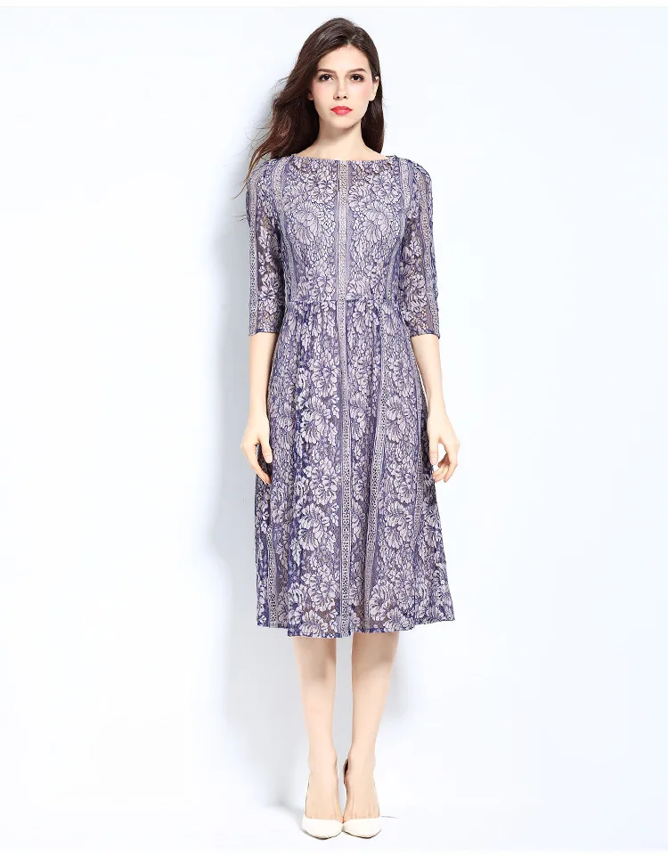 Blue Purple Color Chiffon Lace Dress Summer Dress Women 3/4 Sleeve Elegant High-waist Slim Dress 5XL Plus Size Vestidos