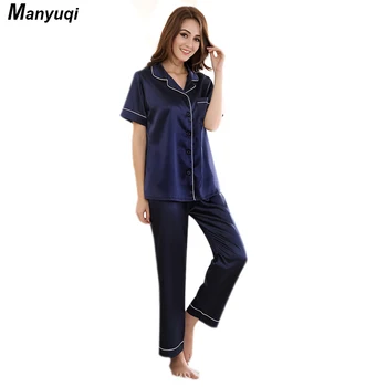 

Women's silk pajamas set navy olor short sleeve and long pants pajamas suit home sleepwear pyjamas for women
