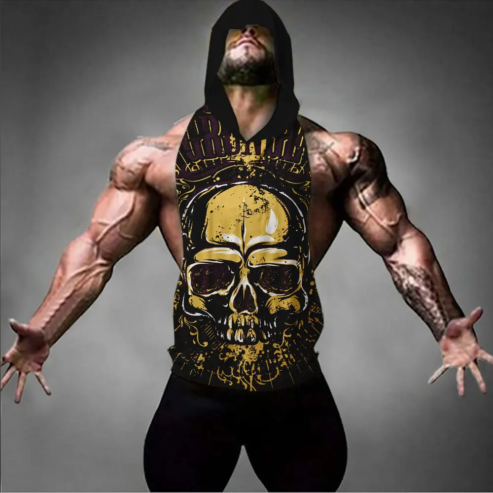 

Skull 3D Print Bodybuilding Stringer Tank Tops Men with Hooded Sleeveless Shirt Workout Fitness Mens Vest Tanktops Gym Clothing