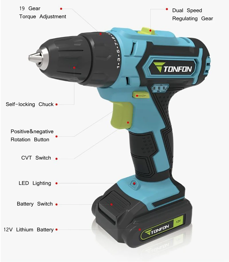 Tonfon 12 В 3 в 1 аккумуляторная ударная дрель аккумуляторная электрическая шуруповерт дрель с битами для установки мебели