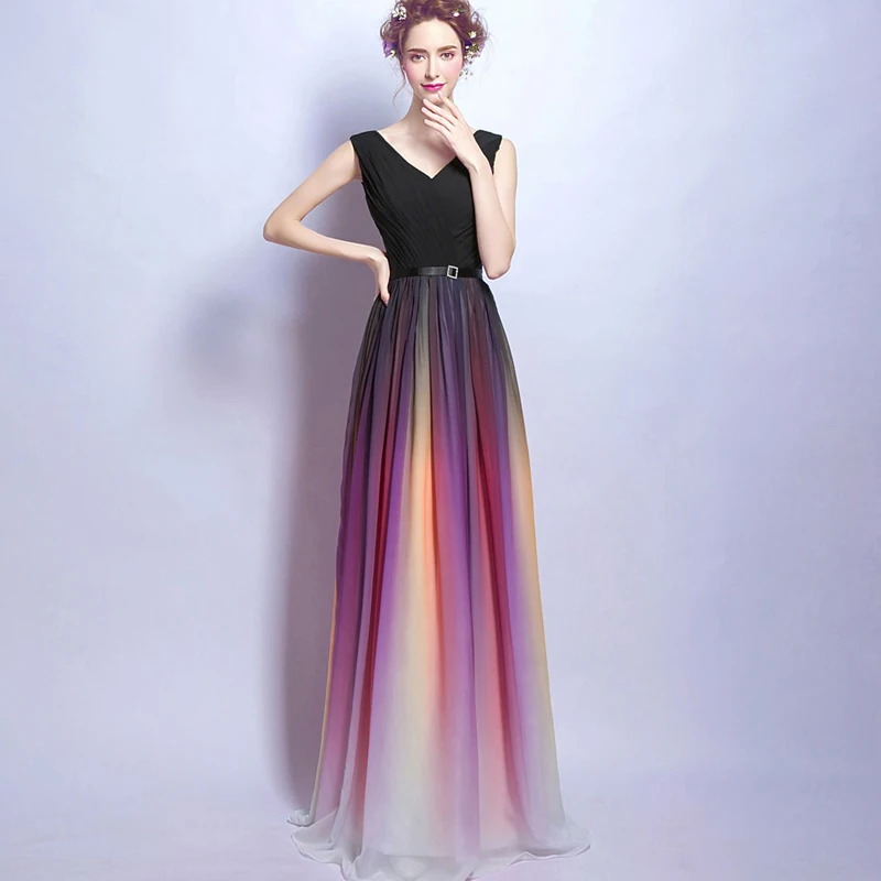 

FOLOBE 2019 Wedding Party Dress V Neck Elegant Gradient Ruffled Long Chiffon Women Formal Dinner Dress with Pleat