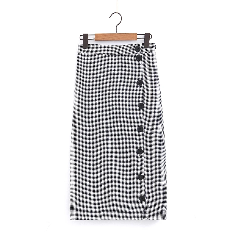 

BBWM WOMAN Fashion Houndstooth Plaid Side Single Breasted Skirt Elegant OL Women Straight Skirts Mid-Calf Casual Bottoms