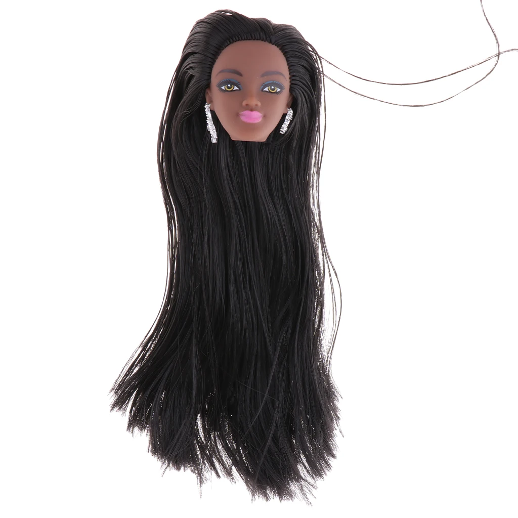 Doll Head with Wig Black Skin Make up Face Model DIY Cosplay For 1/6 Doll Accessories for Girls, Long Straight Hair