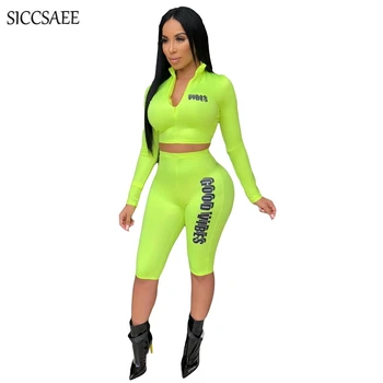 

Fluorescence Color Green Two Piece Set Women Bodycon Bodysuit Crop Top Knee Length Pants Bike Shorts Sets Letter Print Sweatsuit