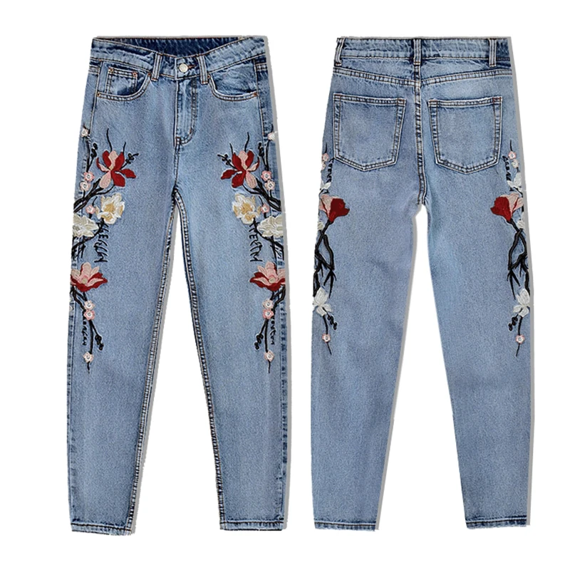 2017 New Hot Chic Women's Clothing Cotton Denim Jeans Pants High Waist 3D Embroidery Straight Ankle-length Pants Female Trousers (5)