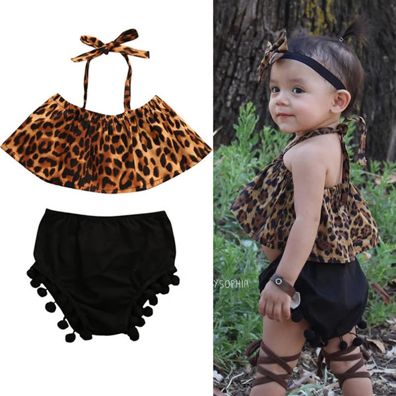 

2017 Kids Baby Girls Outfits Clothes Lovely Newborn Sleeveless Halter Leopard T-shirt Tops Short Pants 2PCS Set