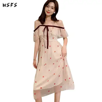 

Summer White Dresses Slash Neck Spaghetti Strap Ruffles Women Dress Mesh Embrodiery Stars Sexy Party Ladies Midi Long Sundress