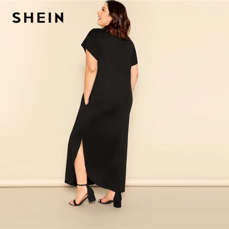 SHEIN, платье макси размера плюс, черное, с косым карманом, M-Slit Hem,, женское летнее Повседневное платье с карманами и v-образным вырезом, с коротким рукавом, однотонное, длинное, Dreeses