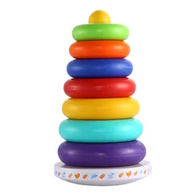 Kids Wooden Tumbler Base With Wooden Donut Baby Toy Stacking Ring Rainbow Tower Tumbler Pattern Educational