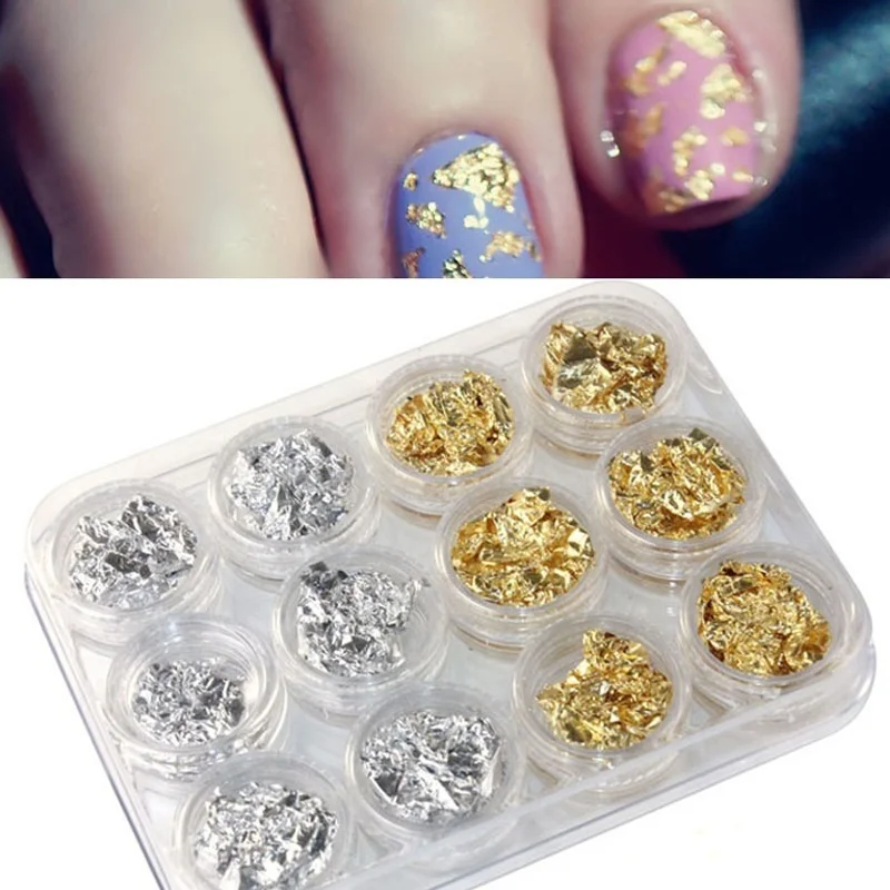 

Beautiful 12 PCS DIY Acrylic Nail Art Gold Silver Paillette Flake Chip Foil UV Gel Pager Gold & Silver Nail Art Decoration