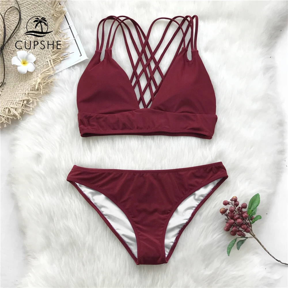 CUPSHE Wine Red High-waisted Halter Bikini Set Women Burgundy Cutout Two Pieces Swimwear 2019 Girl Solid Lace up Swimsuit
