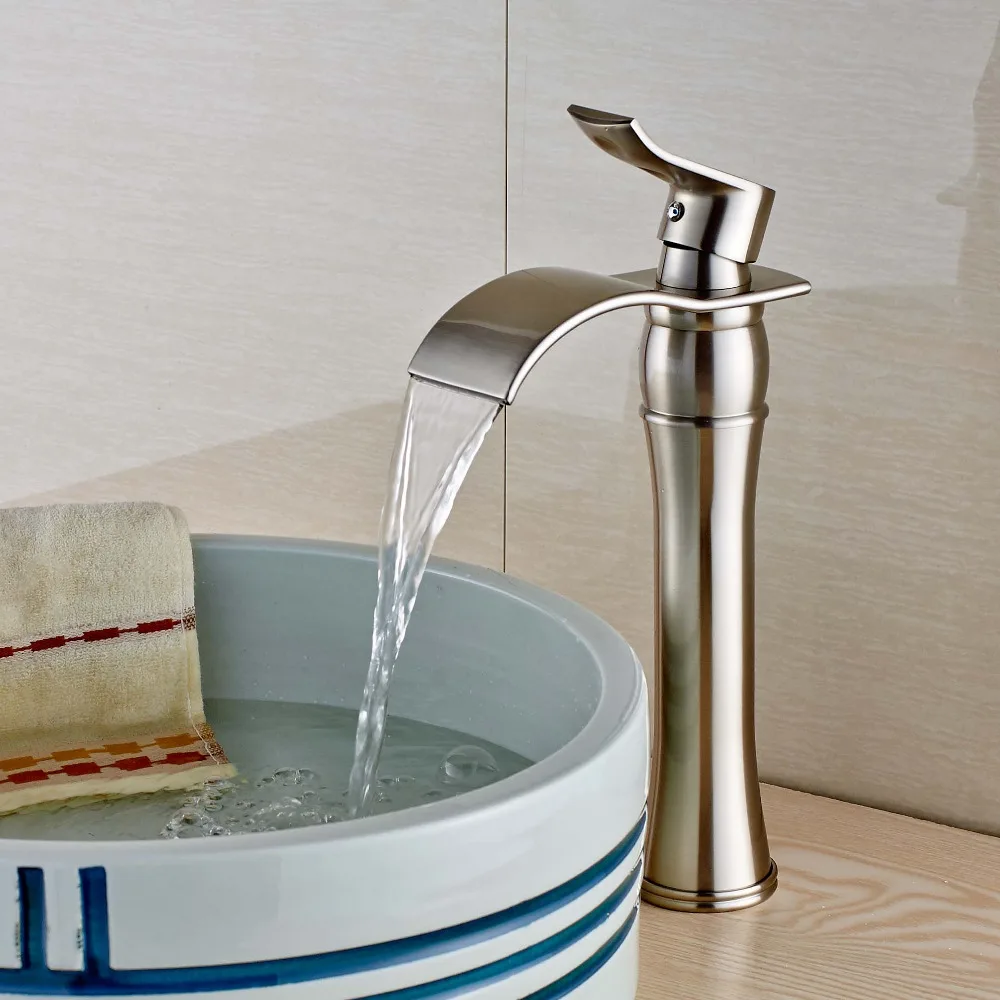 

Round Waterfall Bathroom Basin Faucet Deck Mounted Vanity Sink Mixer Brushed Nickel