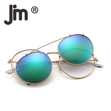 JM круглые поляризованные солнцезащитные очки на застежке, металлическая оправа, зеркальные круглые линзы, мужские и женские Ретро Винтажные Солнцезащитные очки в стиле стимпанк