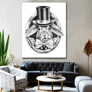 

Embelish White Rabbit In A Black Hat And A Bow Tie Animals Wall Posters For Living Room Home Decor Pictures HD Canvas Paintings
