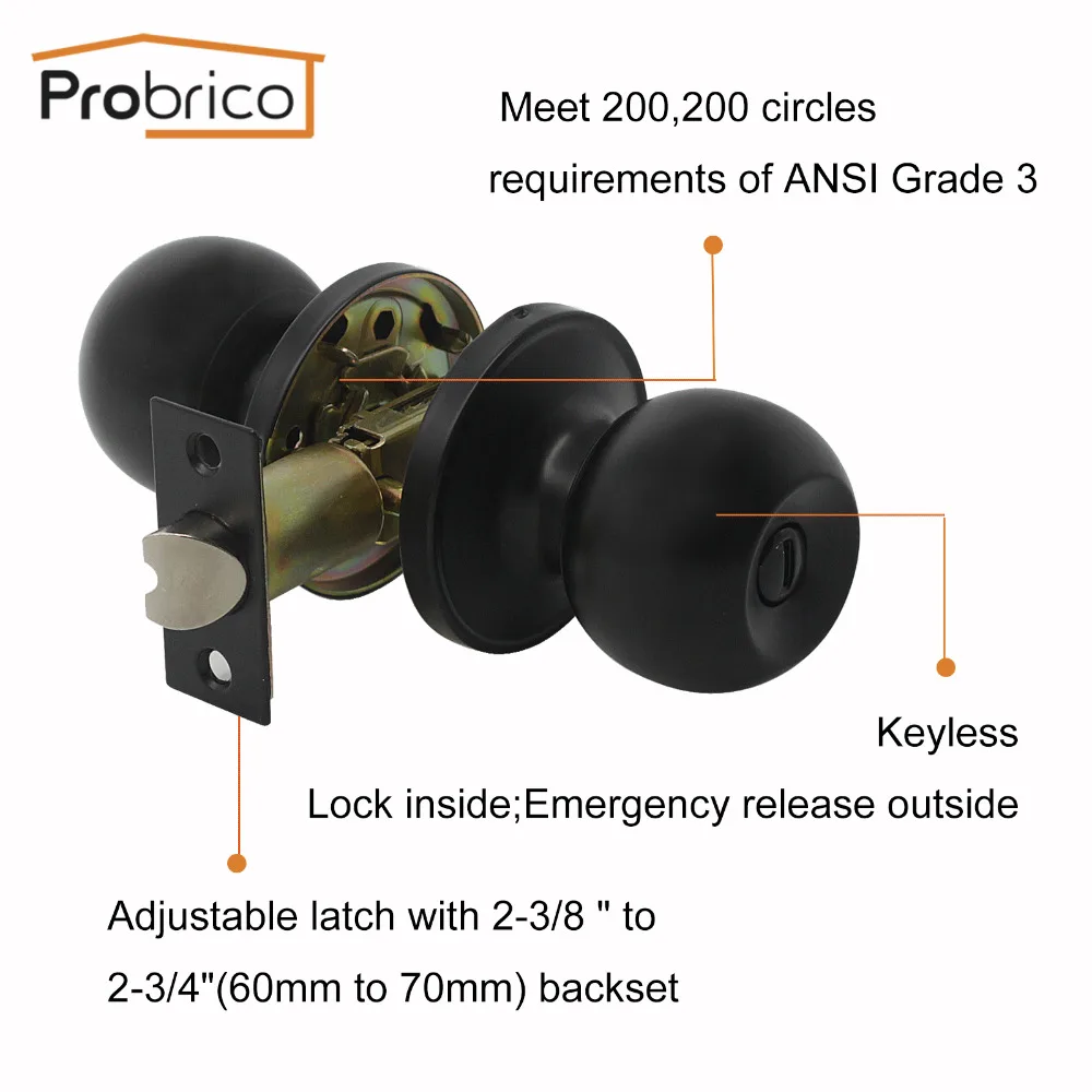 Probrico, ручка для межкомнатной двери, дверная ручка для спальни, черная, без ключа, дверной замок, прочная дверная ручка для ванной комнаты, с замком, цилиндр