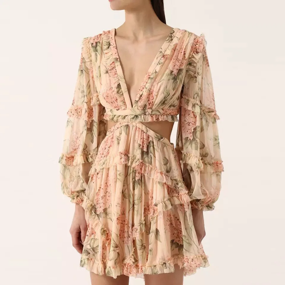 

Floral Print Dress Ruffle Trim Chiffon Hollow Out Backless Lace Up Casual Dress
