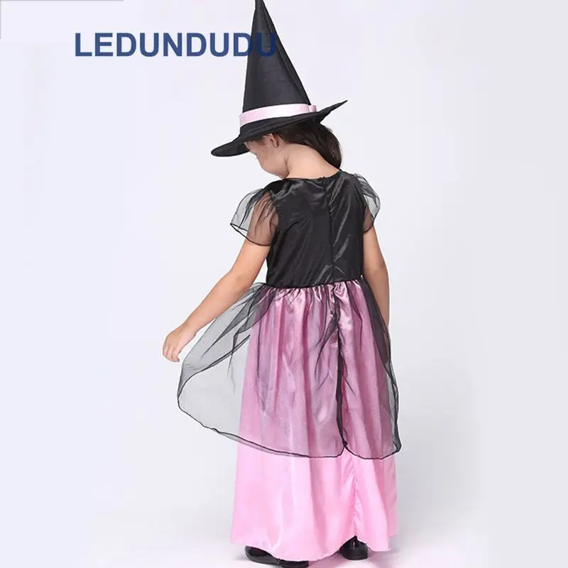 Children Halloween Fancy Party Suit Girls Magic Witch Dress Kids Rose Witch Cosplay Costume with Hat  (3)