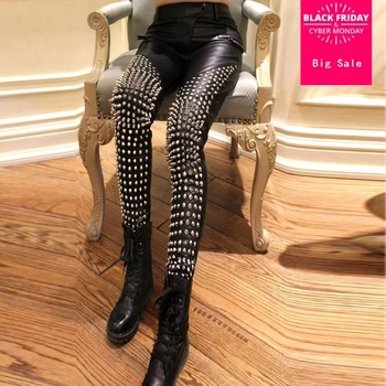 

Fashion brand heavy hand made rivet punk style metal rivets was thin PU leather pants high-Quality leather pencil pants wj239