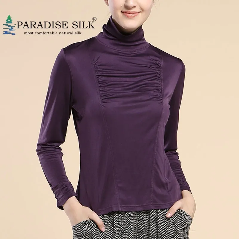 

Women's Turtleneck Top 100% Pure Silk Knit Pleated Front Long Sleeves Shirt Underwear Top Size M L XL XXL
