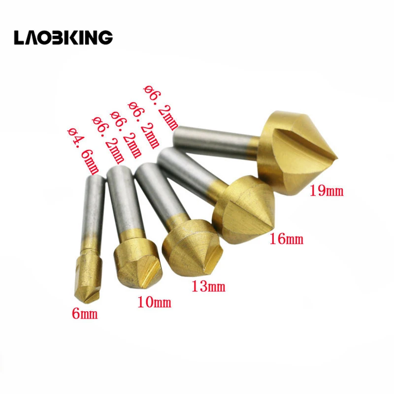 

5 Pcs Countersink Drill Bit Set Hex Shank HSS 5 Flute Countersink 90 Degree Wood Chamfering Cutter Chamfer 6mm-19mm