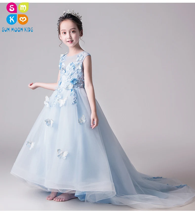 

2018 Long Trailing Girl Wedding Dress Elegant Floral First communion Dress Summer Girl Dress Princess Tutu Dress Vestidos