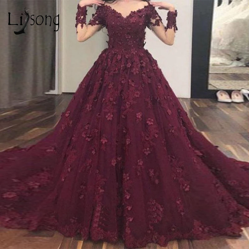 Burgundy 3D Flower Evening Dresses With 